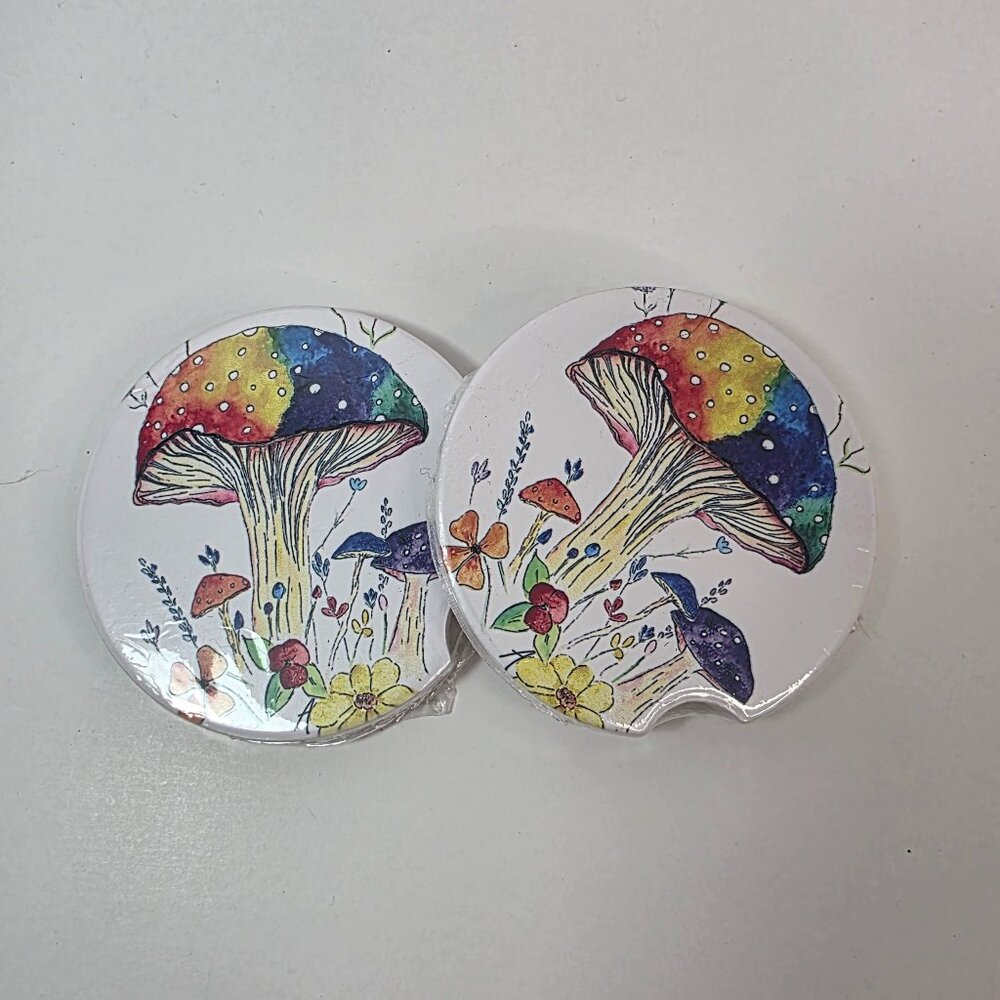 Mushroom Car Coaster Set of 2 | Colorful Absorbent Cup Holder Coasters - Picture 2 of 5